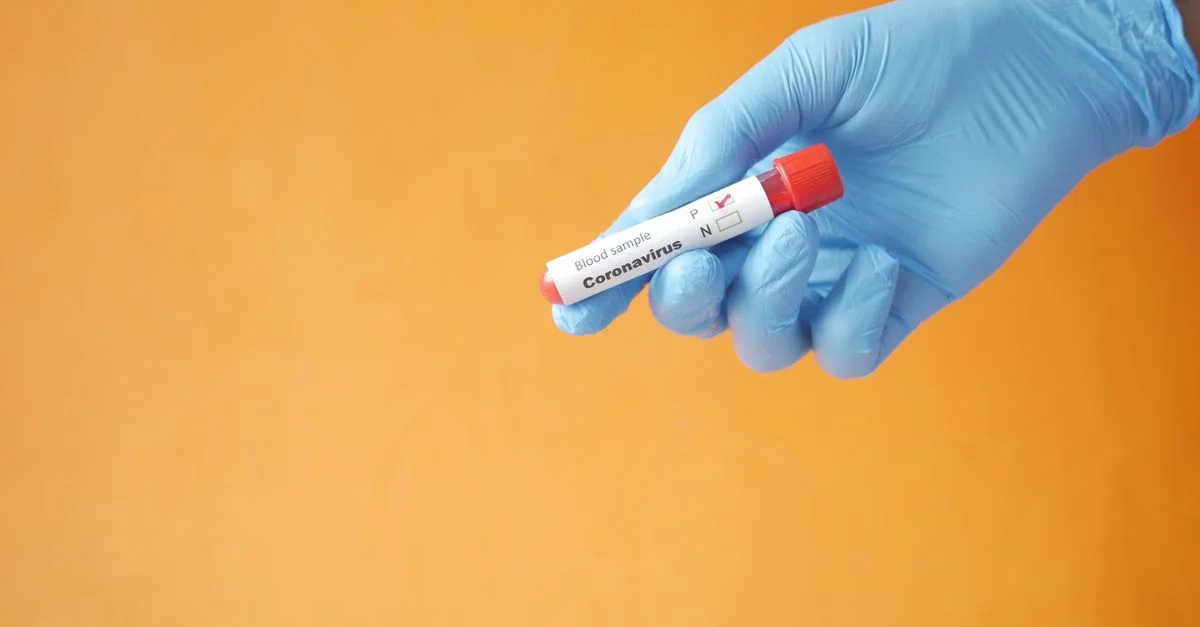 Primer plano de una mano enguantada sosteniendo un tubo de muestra de sangre del coronavirus contra un fondo naranja.